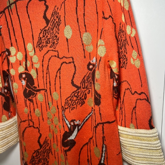Lia Molly Anthropologie Sweater Monkey Print Double Button Gold Tan Red/Brown - Picture 5 of 7